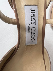 Jimmy Choo Emus 85 Nude ballet Pink Embossed Patent Sandal Heels Size 35 / 5