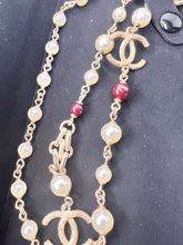 Chanel 17A limited edition long pearl necklace with links , and blue/red beads