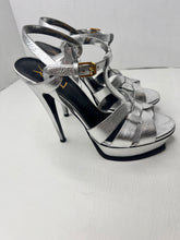 Saint Laurent YSL Tributes Sandal Platform Heel in Silver Metallic Size 39 / 9