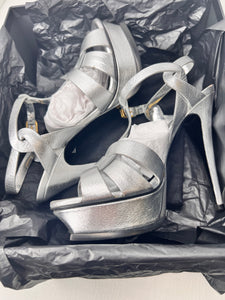 Saint Laurent YSL Tributes Sandal Platform Heel in Silver Metallic Size 39 / 9