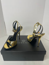 Versace Medusa Gold Metallic Calfskin Ankle Strap Heels Pumps Size 38.5 / 8.5