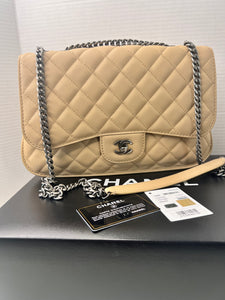 Chanel 16k double flap bag in light beige calfskin leather crossbody- full set