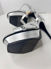 Saint Laurent YSL Tributes Sandal Platform Heel in Silver Metallic Size 39 / 9