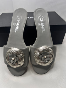 CHANEL 17C Python leather camellia slides sandals size 36.5 / 6.5