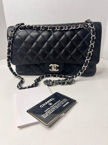 Chanel Medium double flap classic shoulder bag - black caviar with silver hardware