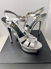 Saint Laurent YSL Tributes Sandal Platform Heel in Silver Metallic Size 39 / 9