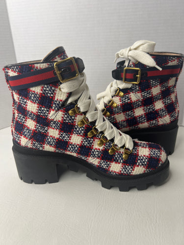 Gucci Tweed Combat Boots SYLVIE Web Blue, Red, and White Size 39 / 9