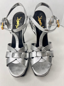 Saint Laurent YSL Tributes Sandal Platform Heel in Silver Metallic Size 39 / 9