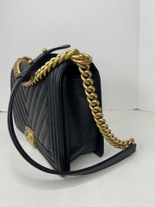 Chanel Large Boy Bag Black Chevron Caviar Leather Crossbody Shoulder Bag / Gold Hardware