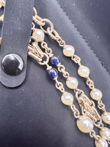 Chanel 17A limited edition long pearl necklace with links , and blue/red beads