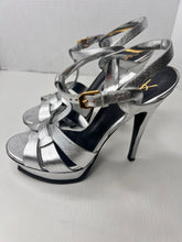 Saint Laurent YSL Tributes Sandal Platform Heel in Silver Metallic Size 39 / 9