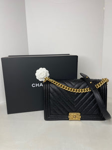 Chanel Large Boy Bag Black Chevron Caviar Leather Crossbody Shoulder Bag / Gold Hardware