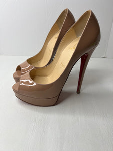 Christian Louboutin Jenny 150mm Peep Toe Nude Patent Platform Pumps Heels size 38.5