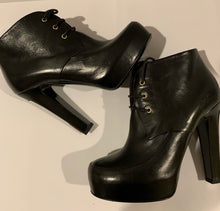 CHANEL lace-up platform black leather booties 37.5