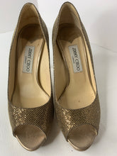 Jimmy Choo Luna Fabric bronze glitter peep toe pumps heels size 38.5 / 8.5