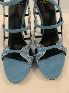 Versace caged embellished suede heels baby blue size 37.5