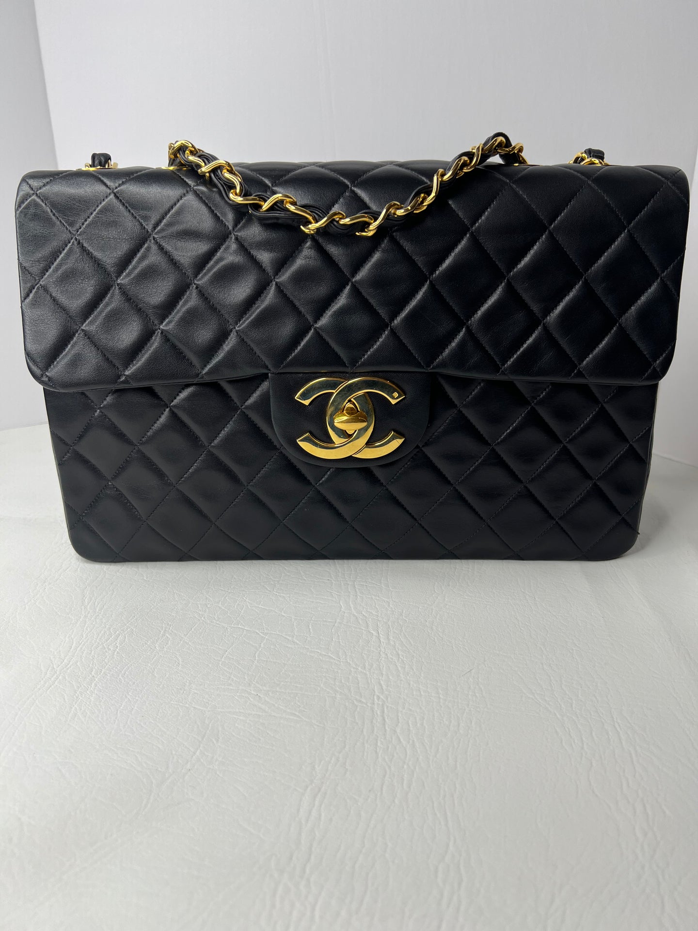 Auth Chanel Black Quilted Leather Vintage Maxi Flap Bag with 24kt Gold plated