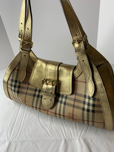 BURBERRY Haymarket nova check metallic gold leather hobo shoulder bag