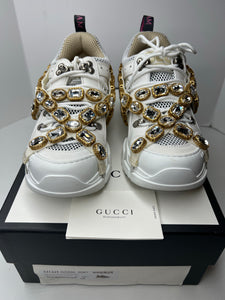Gucci White Journey Flashtrek Jewel Crystal Hiker Low Top Lace Up Boot Sneakers