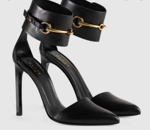 Gucci Horsebit black leather ankle strap pumps heels size 37.5 /7.5