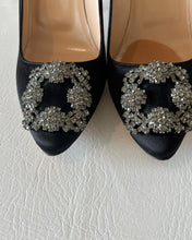 Manolo Blahnik Hangisi Black Satin Jeweled Pumps Heels 105mm Size 38.5/ 8.5 US