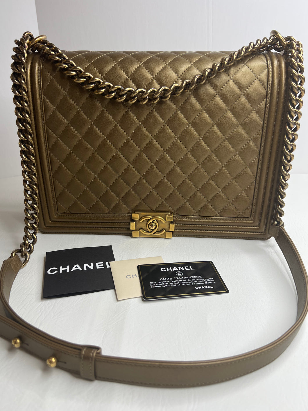 Chanel large maxi metallic bronze quilted boy flap bag
