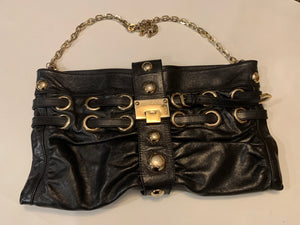 Jimmy Choo large east west black leather studded clutch with chain