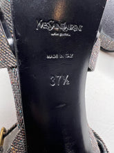 Saint Laurent YSL Tribute Speckled Denim Sandal Heels size 37.5/ 7.5
