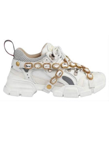 Gucci White Journey Flashtrek Jewel Crystal Hiker Low Top Lace Up Boot Sneakers