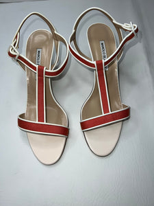 Manolo Blahnik Dador T strap Coral linens white sandals size 40 EU / 10 US
