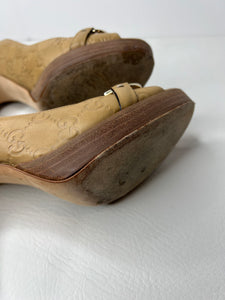 Gucci Guccisimma Horsebit Open Toe Light Sand Leather Heels Size 8.5