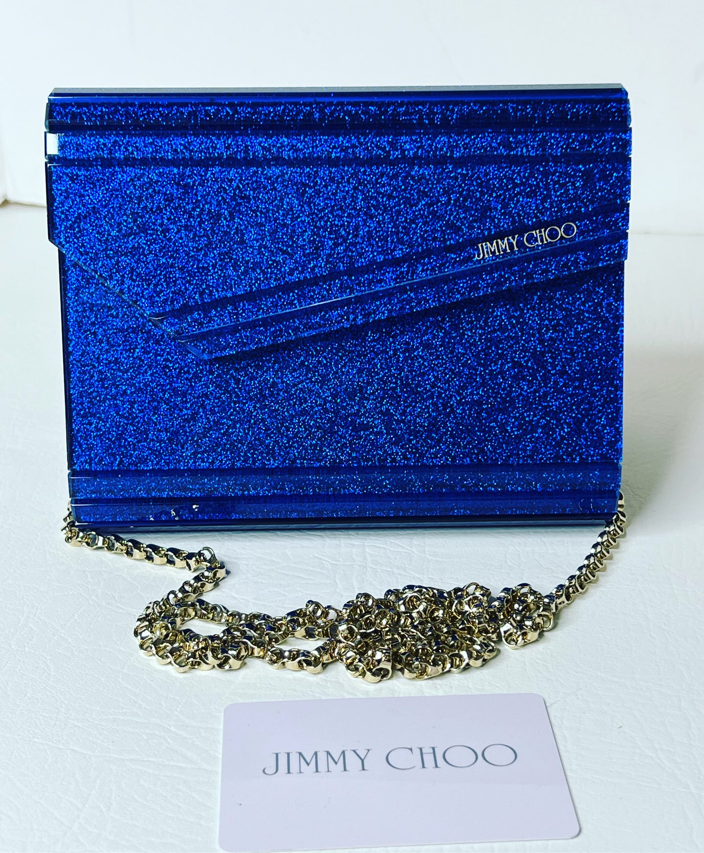 Jimmy Choo Acrylic Electric Blue Glitter Candy Clutch with Chain